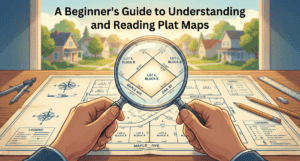 An educational guide on plat maps, showing key elements for beginners to learn how to read land surveys and property lines.