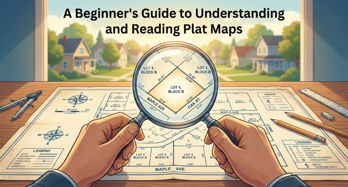 An educational guide on plat maps, showing key elements for beginners to learn how to read land surveys and property lines.
